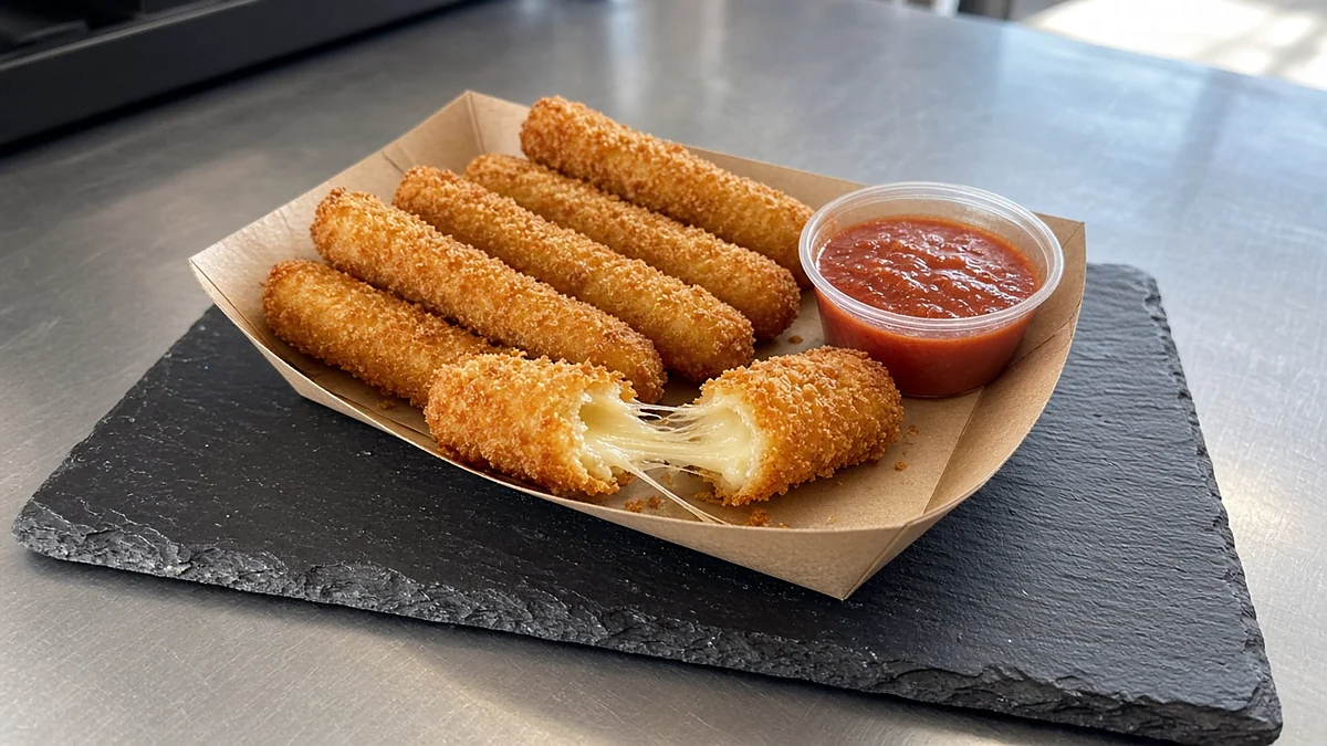 Breaded mozzarella sticks with marinara on a slate board