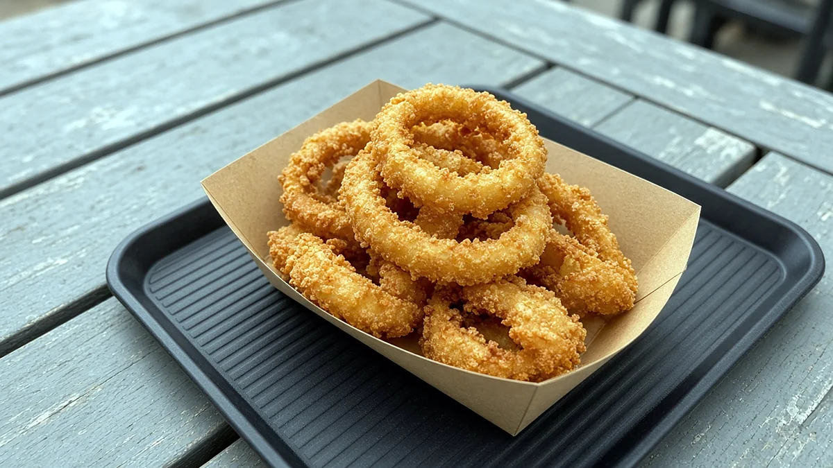 Battered onion rings in a paper boat on a tray